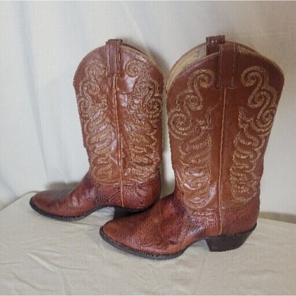 Tony Lama Size 9 4607 Brown Leather Embroidered Cowboy Boots Pointed Toe